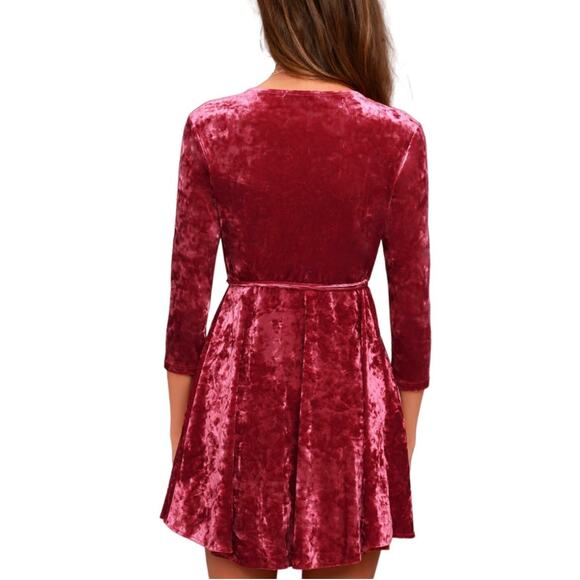 Lulus Shine of Your Life Wine Red Crushed Velvet Wrap Skater Dress Size XL - Picture 6 of 9